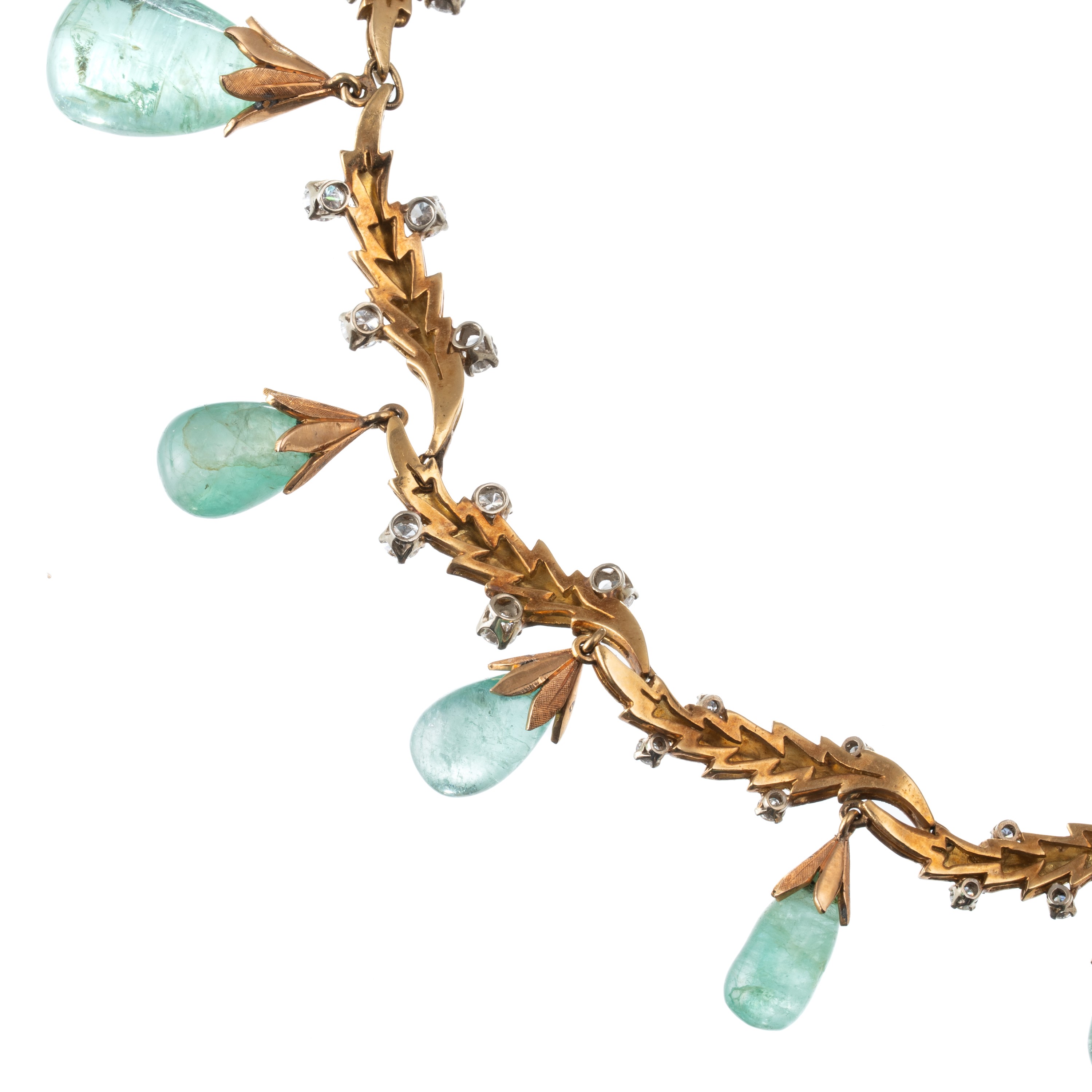 GIROCOLLO E ORECCHINI IN ORO 18 KT CON BERILLI A GOCCIA E DIAMANTI