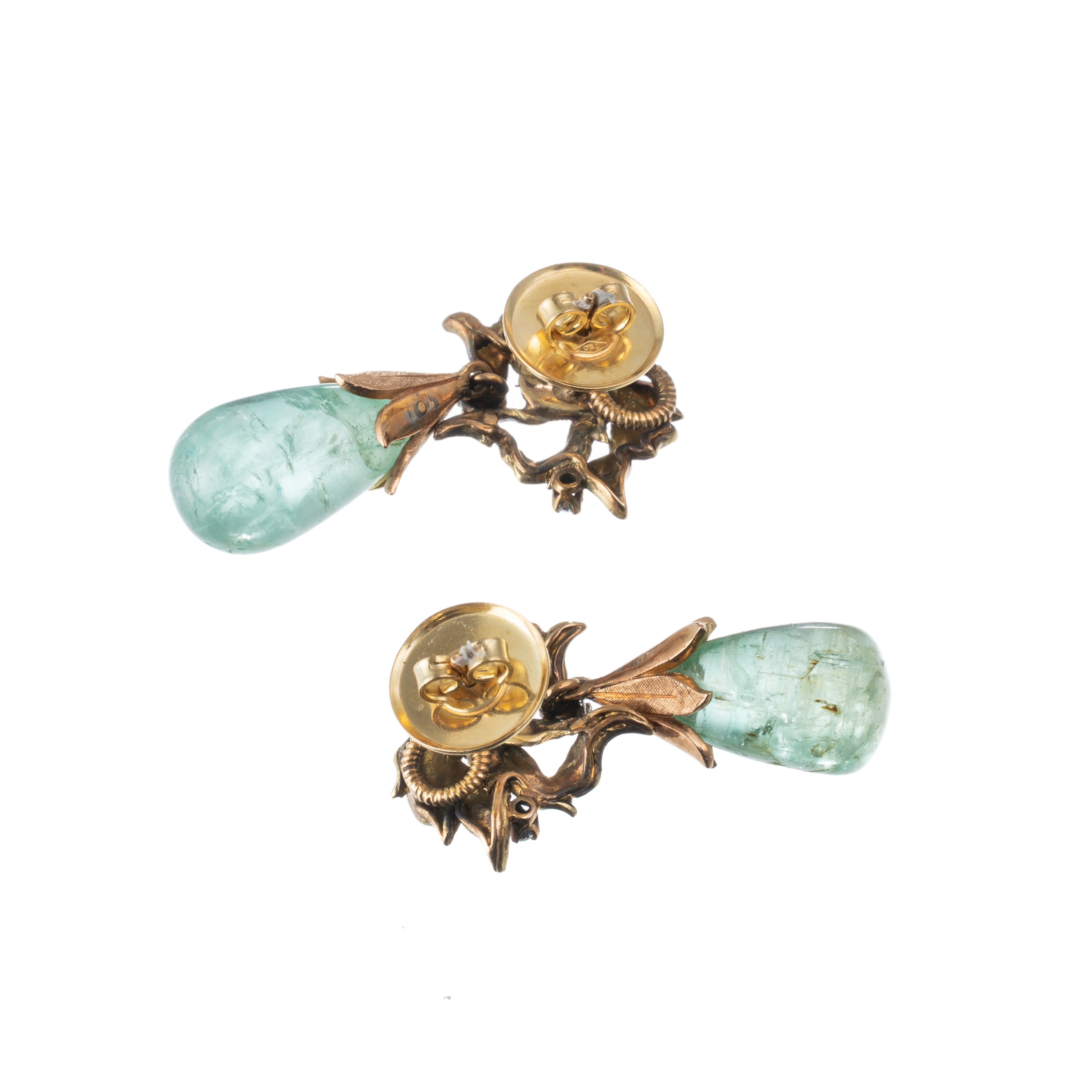 GIROCOLLO E ORECCHINI IN ORO 18 KT CON BERILLI A GOCCIA E DIAMANTI